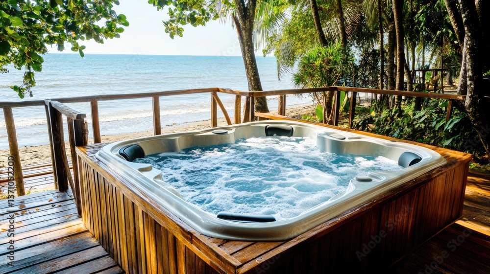 Luxury beachfront resort featuring a jacuzzi on a private balcony overlooking the ocean. Luxury beachfront resort featuring a jacuzzi on a private balcony overlooking the ocean.