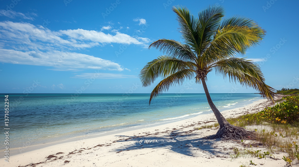 Fototapeta premium Palm trees swaying gently on a beach with coastal breeze