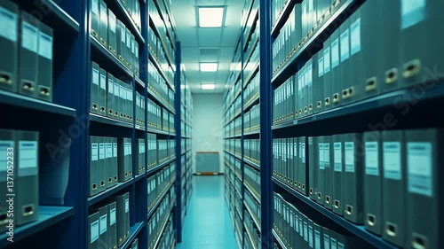 Rows of Metal Archive Files in a Cool Blue Storage Facility
