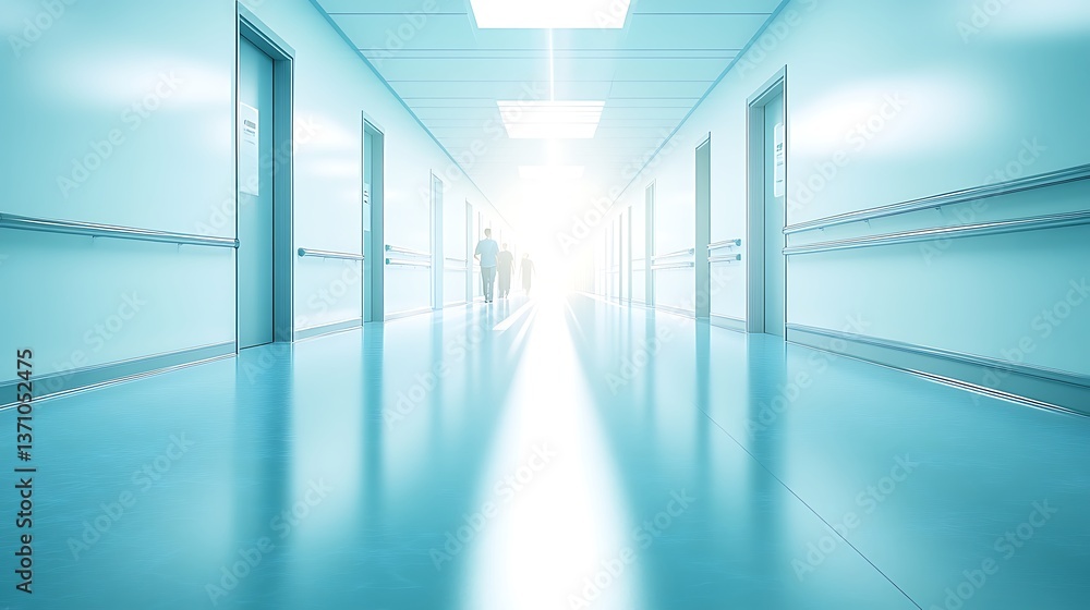 Fototapeta premium Bright and Clean Hospital Corridor with Light at the End