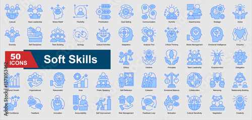 A collection set of blue Soft Skills icons. Includes communication, teamwork, leadership, adaptability, emotional intelligence, and more. Perfect for illustration and design.