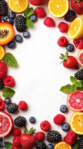 Vibrant berries and citrus fruits form a frame around a white background