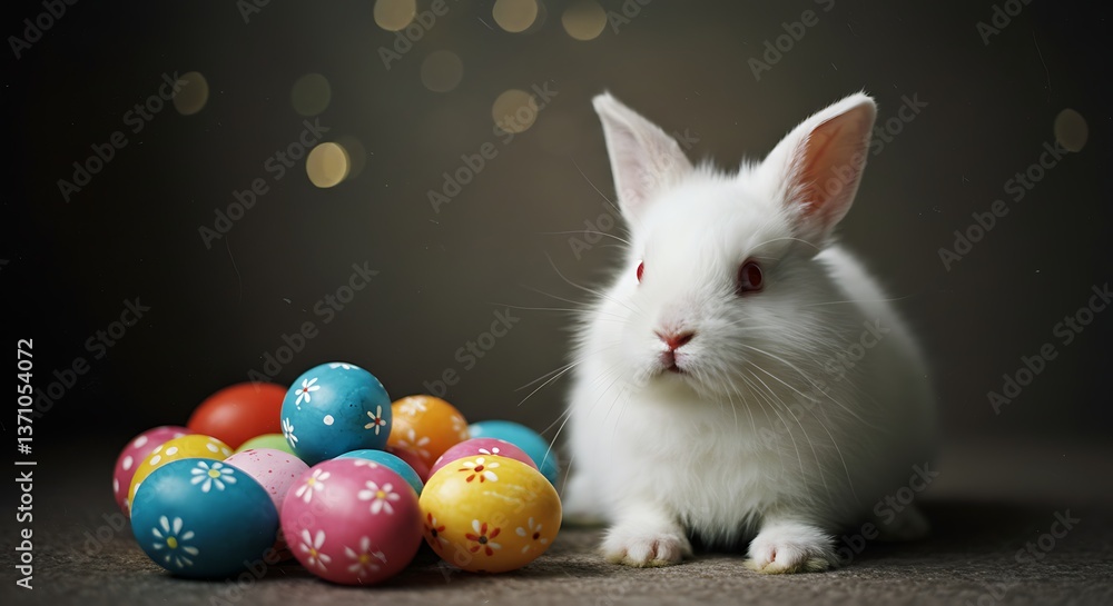 Fototapeta premium White Rabbit with Decorated Easter Eggs on a Dark Background