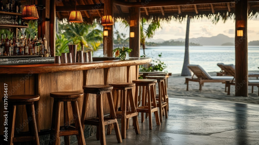 Fototapeta premium Resort beachfront bar with wooden stools, serving tropical cocktails against an ocean backdrop.