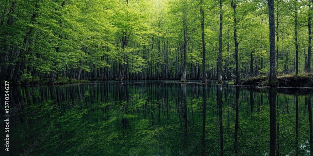 A serene lake scene surrounded by lush green trees in the heart of a forest, great for nature and outdoor use A serene lake scene surrounded by lush green trees in the heart of a forest, great for nature and outdoor use