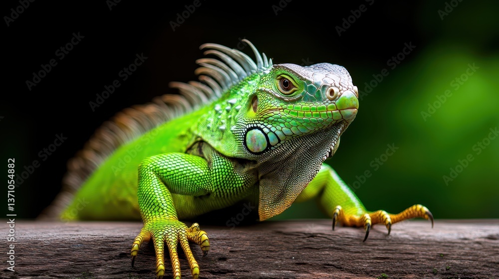 Fototapeta premium A stunning close-up of a vibrant green iguana displaying its impressive features, showcasing the intricate details of its scales and natural environment amidst greenery.