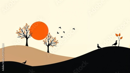 Minimalist Nature Art of Birds, Trees, and Sunset Silhouette