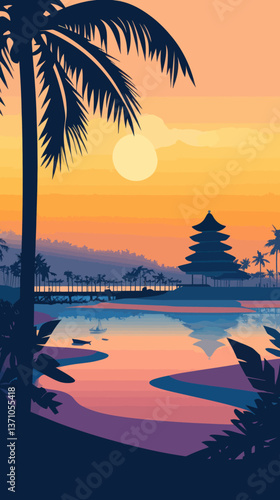 Retro Bali Travel Poster with Tropical Beach and Ocean Landscape Illustration