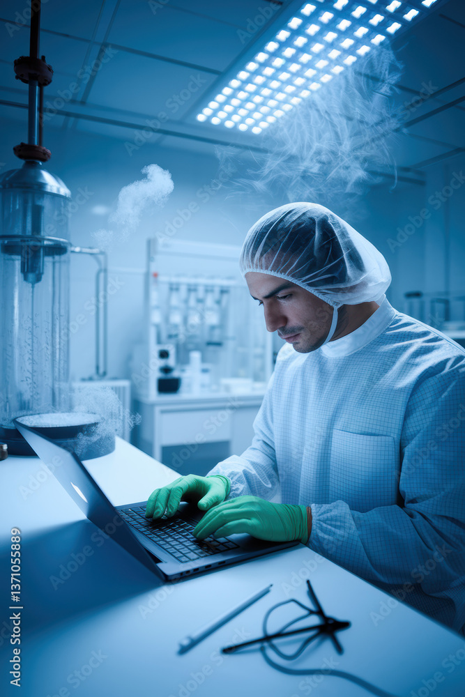 Focused Scientist in Lab Coat Working on Laptop in High-Tech Laboratory with Blue Lighting and Smoky Atmosphere Focused Scientist in Lab Coat Working on Laptop in High-Tech Laboratory with Blue Lighting and Smoky Atmosphere