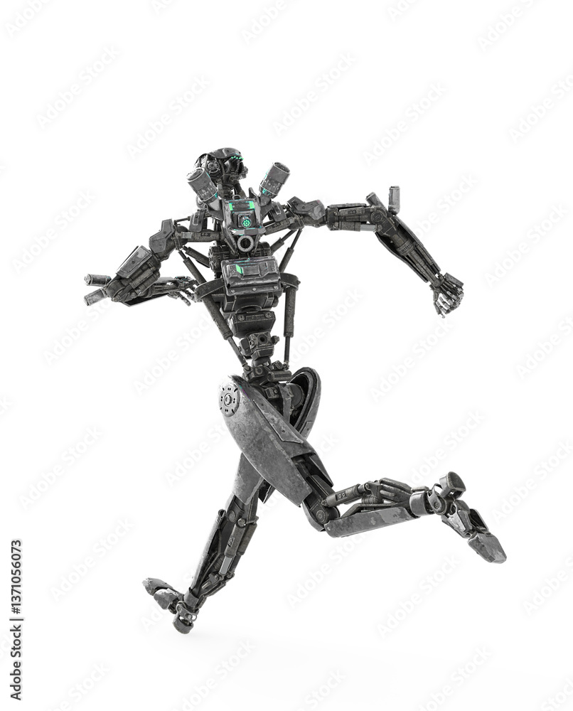 apocalypse cyborg is running like a comic hero in rear view apocalypse cyborg is running like a comic hero in rear view
