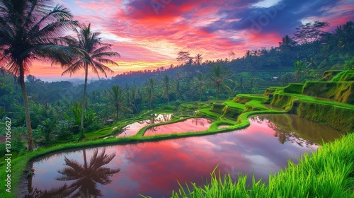 Serene rice fields under a dramatic sunset, with colorful clouds reflecting in the water.