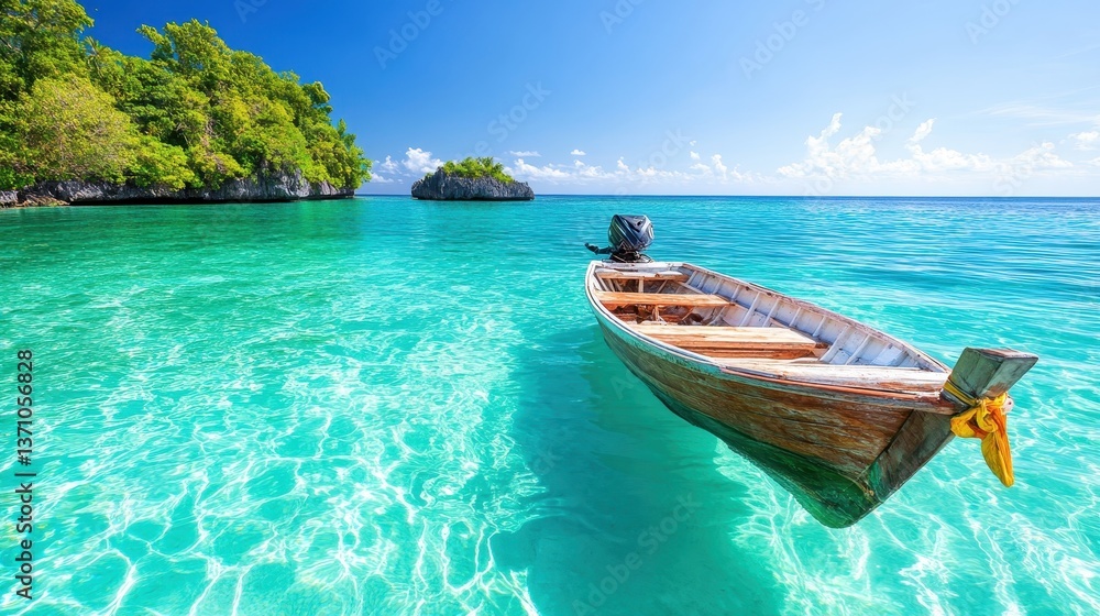 A lone traditional wooden boat rests gently on calm turquoise waters, framed by lush greenery and an endless sky, symbolizing peace and the beauty of tropical nature. A lone traditional wooden boat rests gently on calm turquoise waters, framed by lush greenery and an endless sky, symbolizing peace and the beauty of tropical nature.