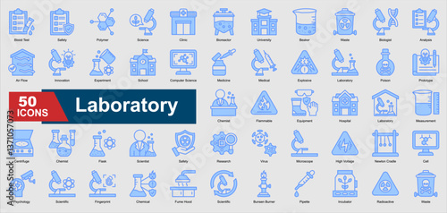 A collection set of blue Laboratory icons. Includes microscope, beaker, scientist, experiment, research, and more. Perfect for illustration and design.