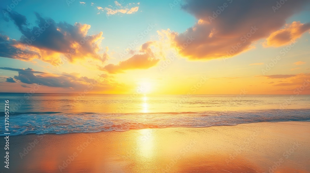 Stunning sunset over a paradise island beach, with vibrant sky reflections in calm ocean waves. Stunning sunset over a paradise island beach, with vibrant sky reflections in calm ocean waves.