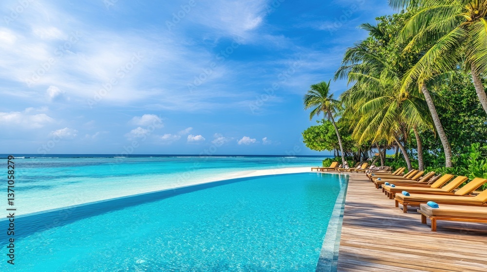 Tranquil beachfront resort pool surrounded by wooden decking and palm trees swaying in the breeze. Tranquil beachfront resort pool surrounded by wooden decking and palm trees swaying in the breeze.