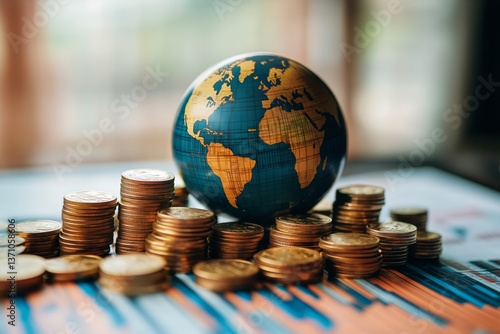 Global Economy Represented by Globe and Coins on Financial Charts in a Busine...