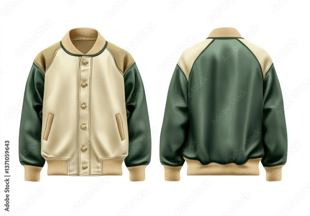 Naklejka premium Varsity baseball jacket in green and beige colors, front and back view vector illustration on a white background