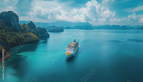 Cruise Ship Navigating Clear Waters Near Lush Islands Under Bright Sky During...