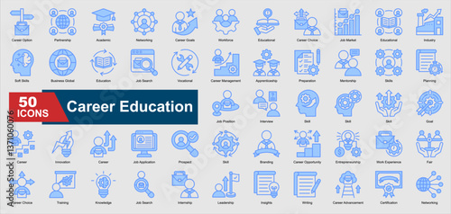 A collection of blue Career Education icons. Includes job search, career planning, mentorship, internship, leadership, and more. Perfect for illustrations and designs.