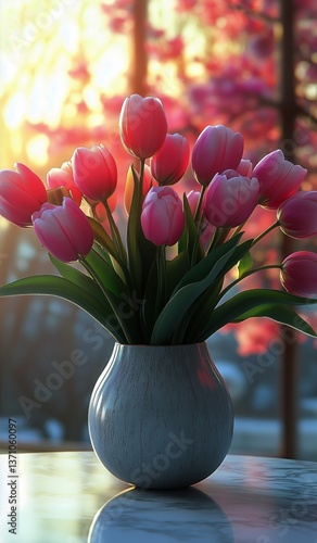 Beautiful Pink Tulips Arranged in a Vase Beside Blooming Cherry Blossom Trees...