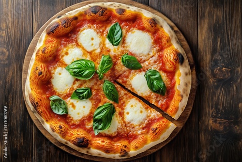 Freshly Baked Pizza Topped With Mozzarella and Basil on Wooden Table