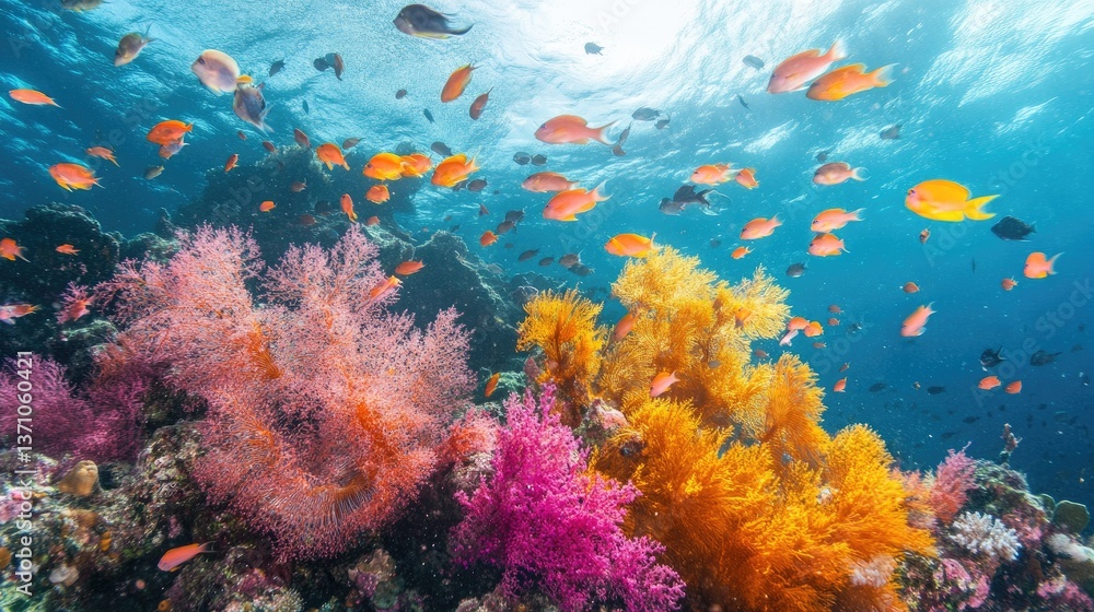Fototapeta premium Vibrant coral reef ecosystem with diverse marine species and swaying sea fans.