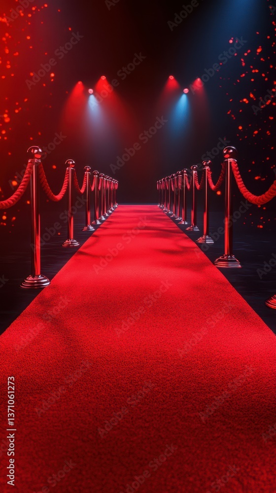Red carpet alley leading to a glamorous event with dramatic lighting effects and elegant ropes Red carpet alley leading to a glamorous event with dramatic lighting effects and elegant ropes
