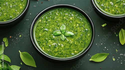 Fresh Basil Pesto Served in a Bowl With Whole Leaves and Spices on a Light Ba...