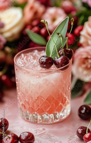 Cherry Cocktail With Fresh Herbs and Floral Backdrop During a Spring Gathering