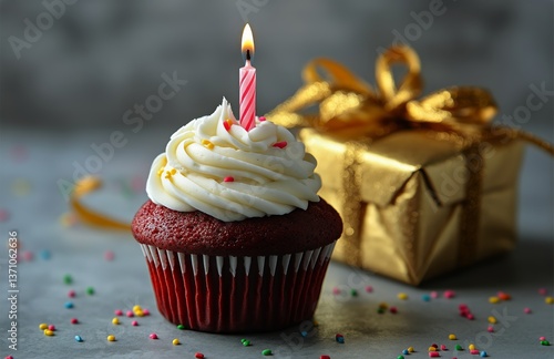 Red Velvet Cupcake With Candle and Gift Box for Birthday Celebration