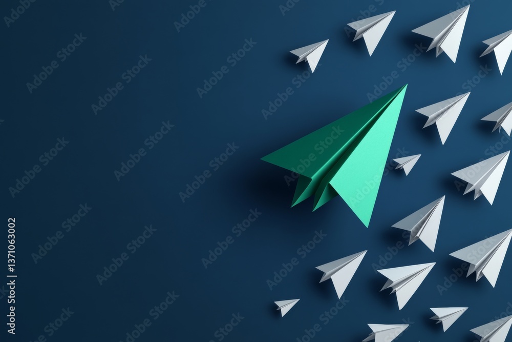 A green paper plane leading white ones on dark blue, symbolizing innovative business strategies. A green paper plane leading white ones on dark blue, symbolizing innovative business strategies.