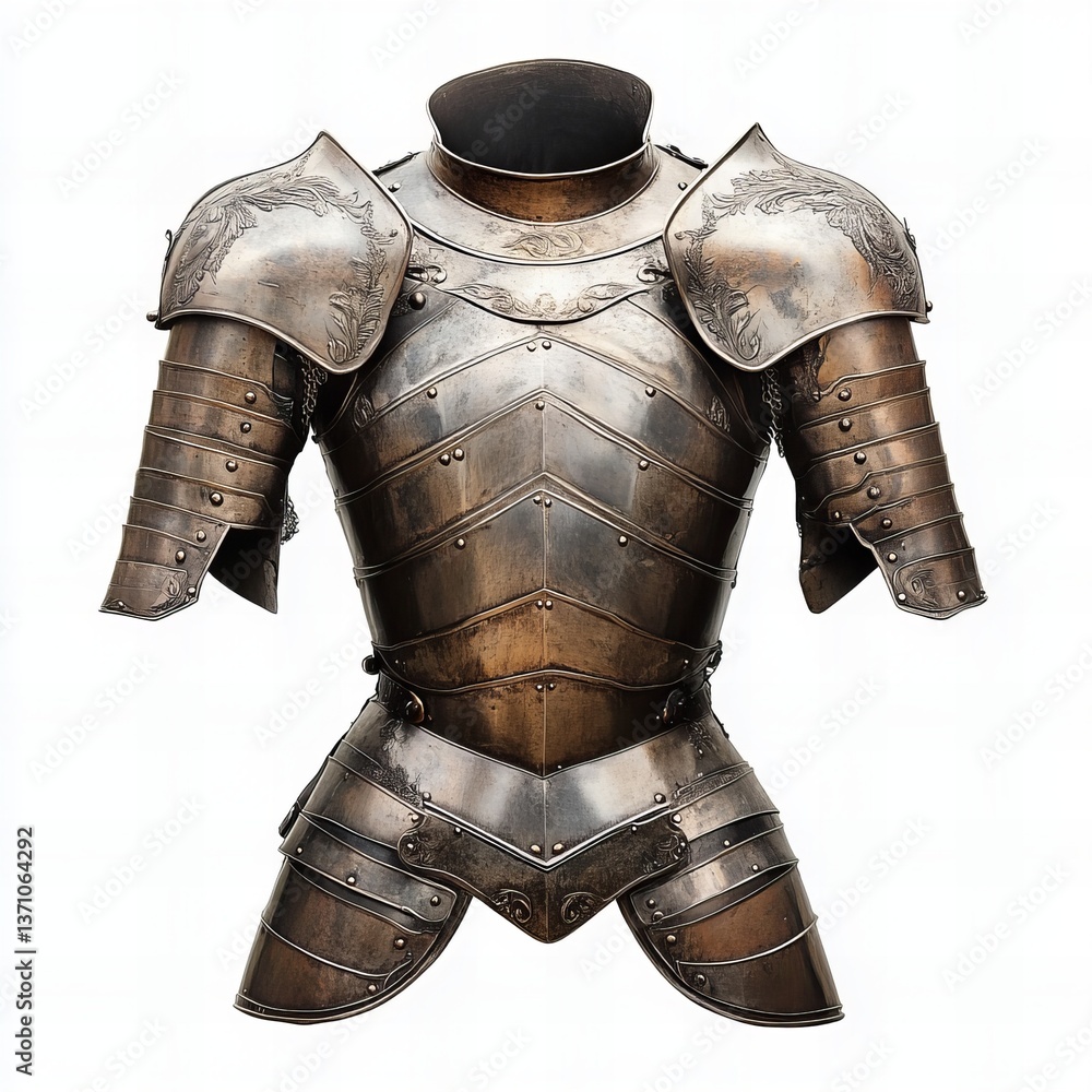 High-quality image of medieval armor isolated on a clean white background. Perfect for historical, fantasy, and reenactment-themed content, showcasing detailed craftsmanship and design. High-quality image of medieval armor isolated on a clean white background. Perfect for historical, fantasy, and reenactment-themed content, showcasing detailed craftsmanship and design.