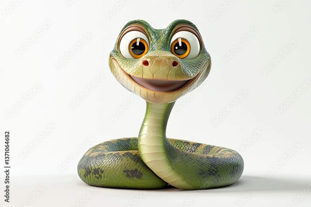 Fototapeta premium Smiling Cartoon Snake with Big Eyes and Green Scales on White