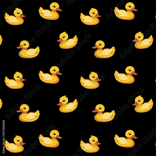 Ducklings on a black background.Vector seamless pattern with yellow ducklings on a black background.