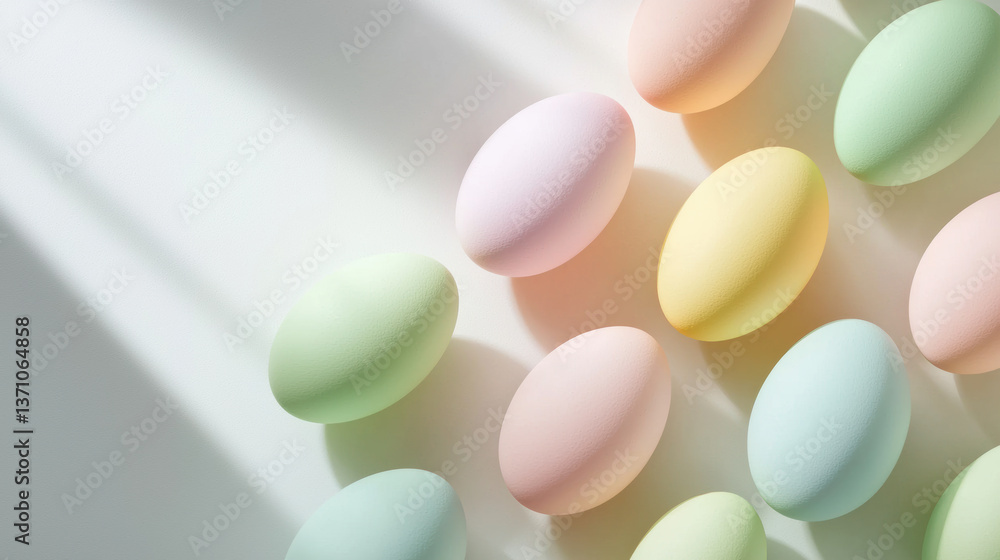 Soft pastel Easter eggs arranged in an elegant flat lay with subtle shadows, capturing the essence of spring and holiday decor Soft pastel Easter eggs arranged in an elegant flat lay with subtle shadows, capturing the essence of spring and holiday decor