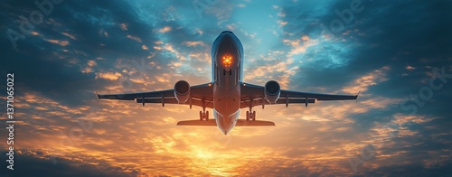 Airplane Flying During Sunset With Dramatic Clouds in the Sky