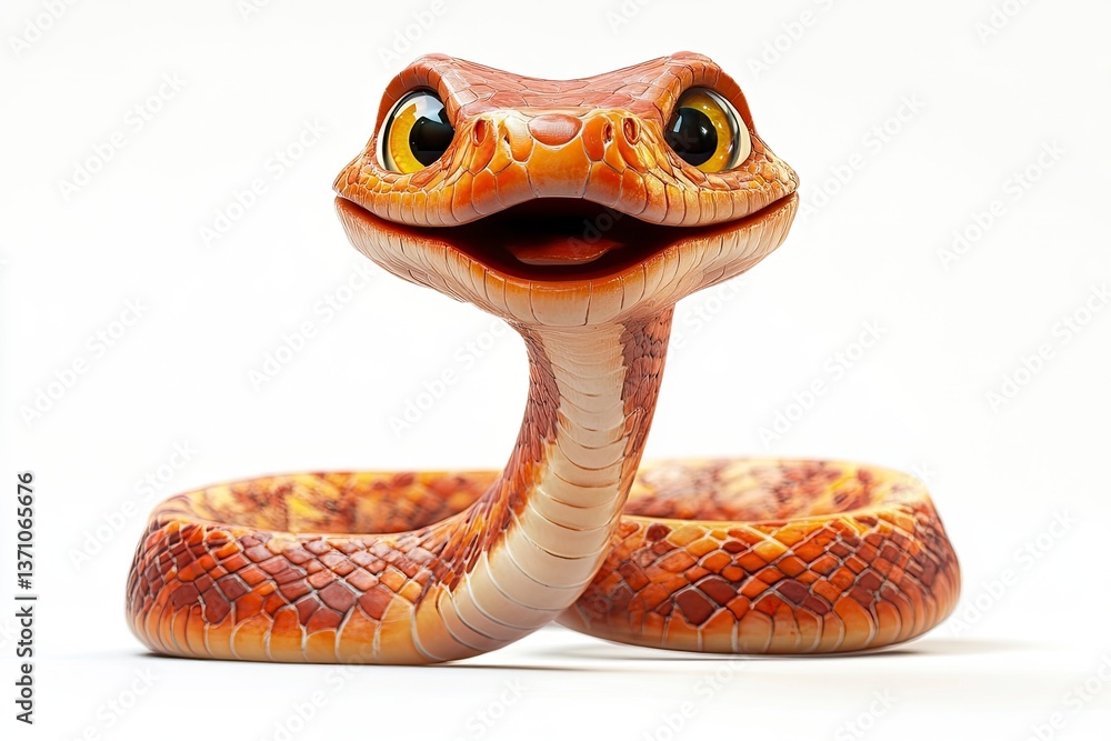 Fototapeta premium Cartoon Snake Smiling Curled Up on White Background Adorable Reptile