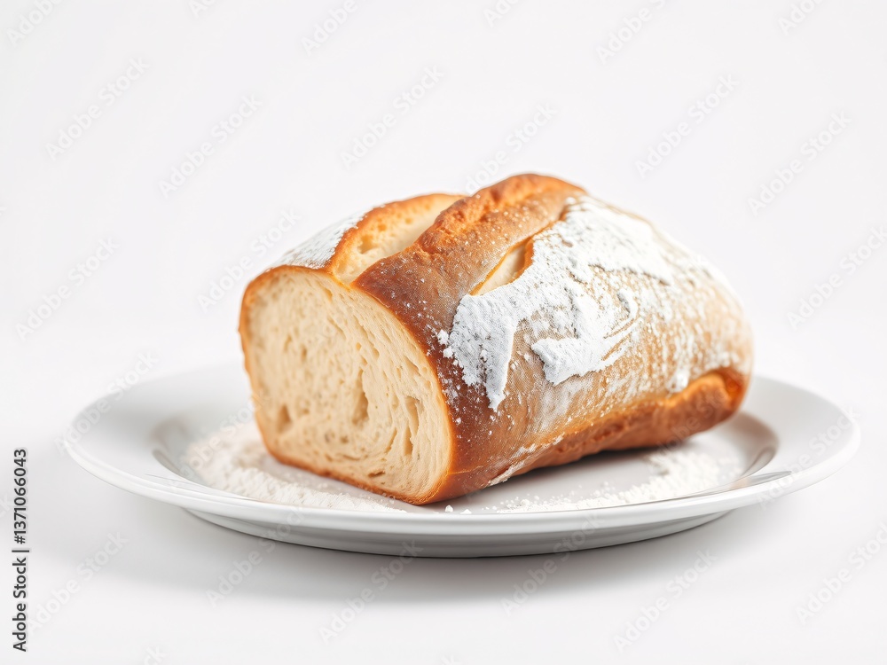 Close-up of a sliced loaf of artisan bread, placed on a white plate Close-up of a sliced loaf of artisan bread, placed on a white plate
