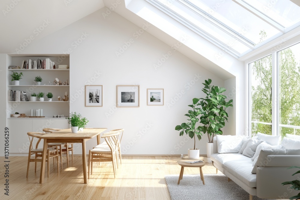 Fototapeta premium Bright modern living room with wooden floor and skylight in top floor apartment with plants