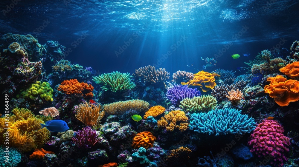 Obraz premium Vibrant coral reef teeming with life! A kaleidoscope of color and fish creates an enchanting underwater world