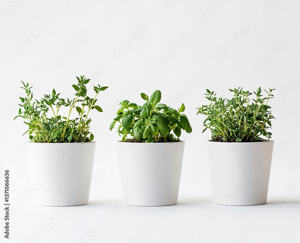 Three Potted Herbs Basil and Thyme in Minimalist Arrangement on White Three Potted Herbs Basil and Thyme in Minimalist Arrangement on White