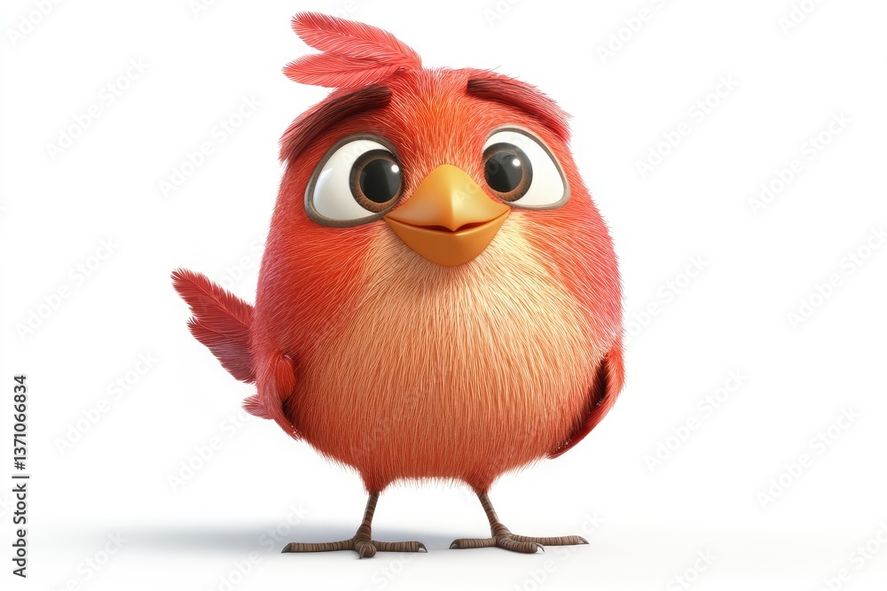 Cute Red Bird Character Standing on White Background with Big Eyes Cute Red Bird Character Standing on White Background with Big Eyes