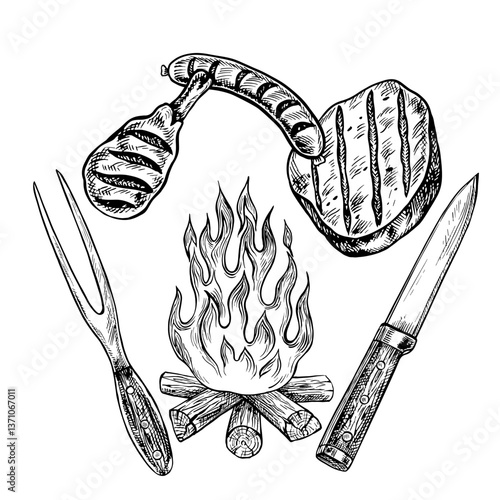 Sausages, drumstick and grilled steak over a campfire. Vector graphics depicting a barbecue. A black-and-white hand-drawn illustration. On a white background. For a menu, poster, recipes, invitations
