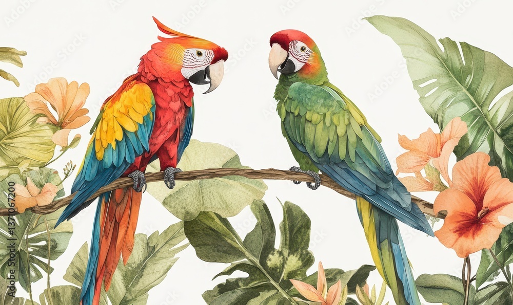 Fototapeta premium Watercolor Scarlet Macaw & Green Parrot on Tropical Branch with Hibiscus Blooms