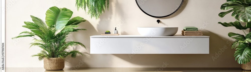 Zen-inspired bathroom with a floating vanity, circular frameless mirror, and natural stone elements, spa-like retreat Zen-inspired bathroom with a floating vanity, circular frameless mirror, and natural stone elements, spa-like retreat
