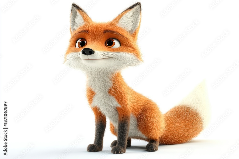Fototapeta premium Cartoon Fox Sitting and Smiling on White Background with Detailed Fur