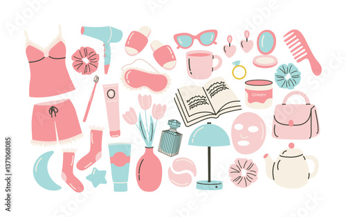 Cartoon stickers for cozy women’s night routine. Doodle elements of pajamas, self-care, cosmetics, accessories, and home decor. Vector trendy illustration for relaxation and beauty themes.