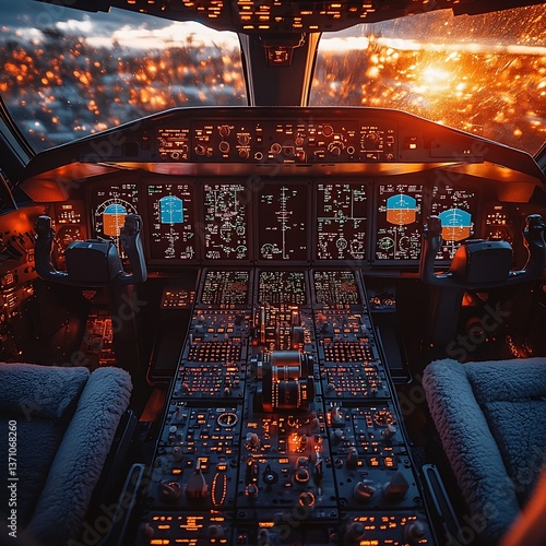 An illuminated airplane cockpit displays flight information and navigation