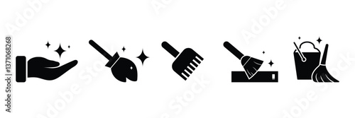 Set of Cleaning service signs collection. Cleaning Tools, Equipment, Sponge, Floor mop, Mop And Bucket symbol. Vector Illustration.