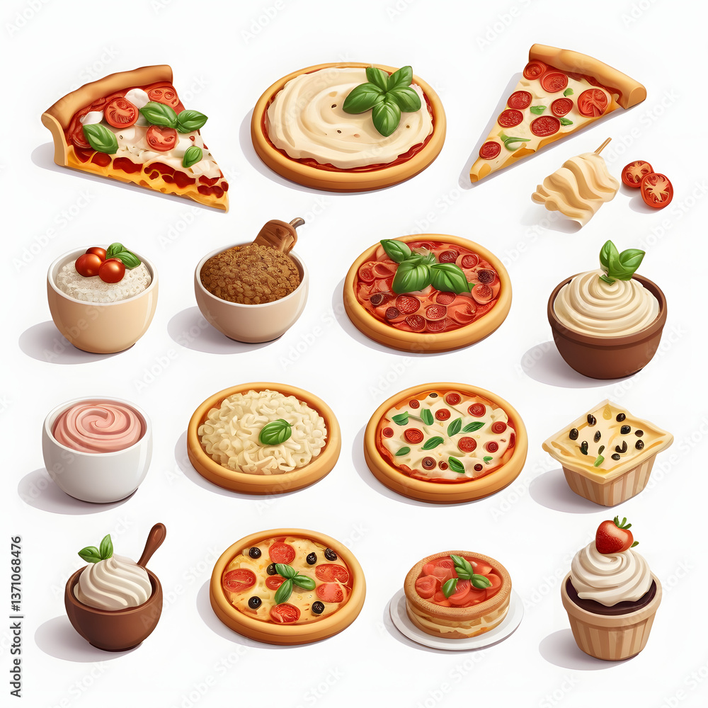 Delicious Italian Pizza Assortment Variety of Toppings Sauces and Desserts Delicious Italian Pizza Assortment Variety of Toppings Sauces and Desserts